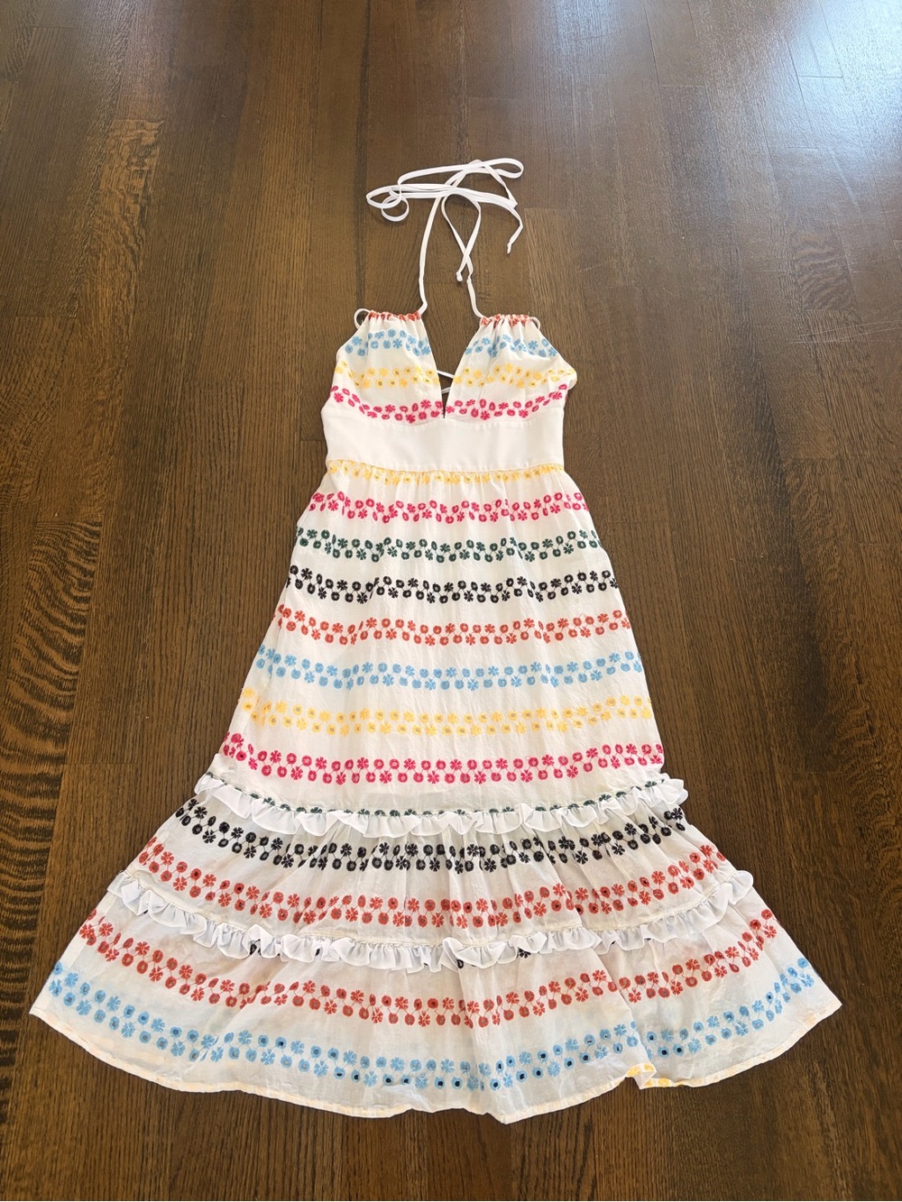 BCBGeneration White Halter Maxi Dress with Multicolor Floral Stripes